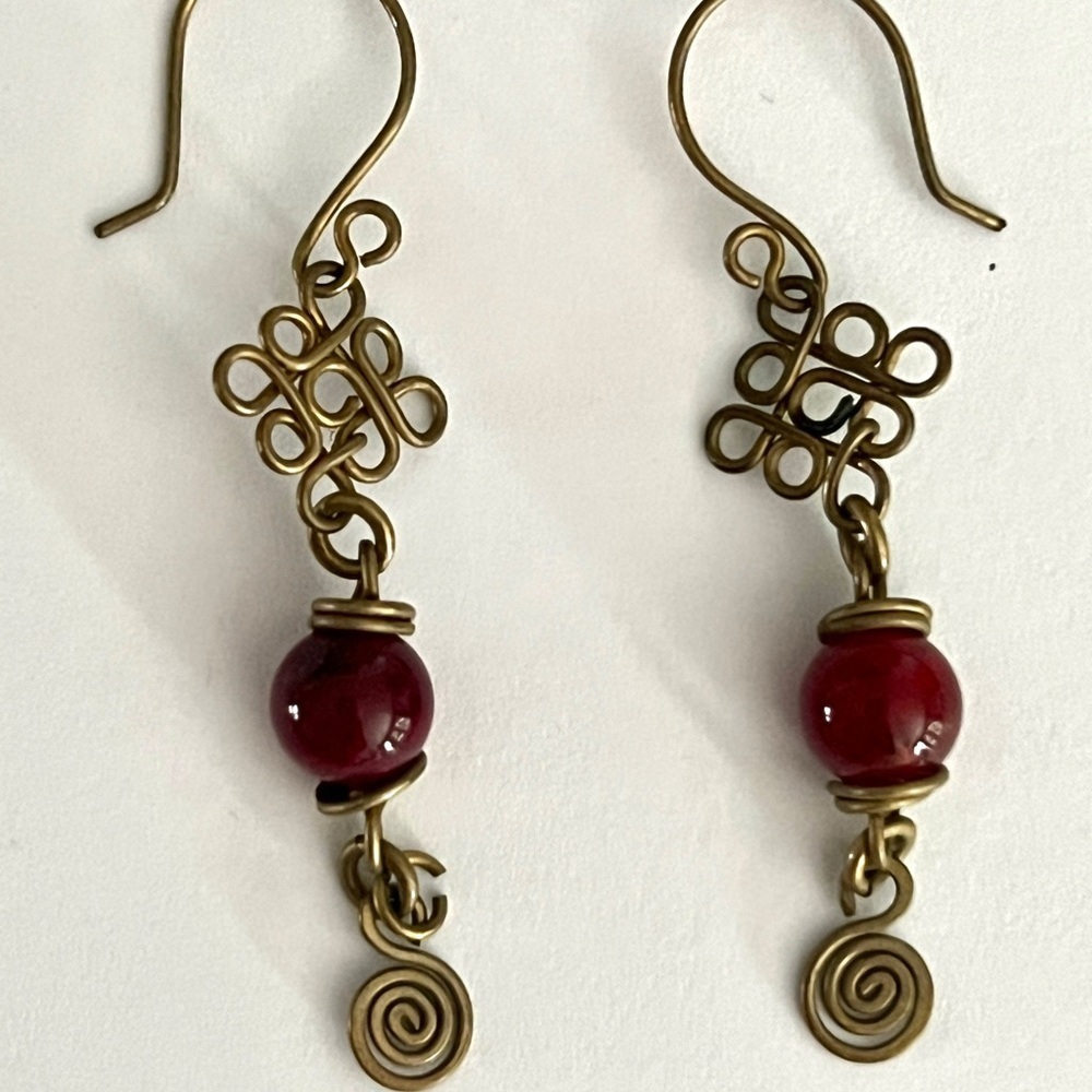 Artisan Brass and Red Bead Earrings